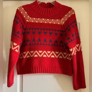 W Sz.S Red Fair Isle Cropped Chunky Mock Sweater Ski Cozy Cabin Preppy Academia